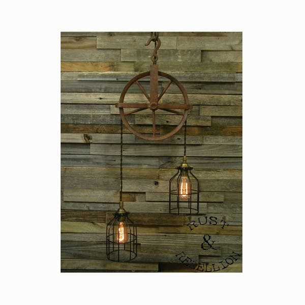 Rustic Block & Tackle Pulley Pendant Light Lamp Vintage Industrial Man Cave Bar Chandelier 1 Of A Kind Steampunk