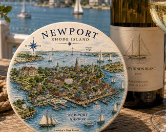 Newport Rhode Island Harbor Map Ceramic Coasters, Gift Boxed Destination Coasters, Nautical Decor, Conversation Starter, Cork Bottom