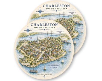 Charleston SC Harbor Map Ceramic Coasters, Gift Boxed Destination Coasters, Nautical Decor, Conversation Starter, Cork Bottom