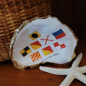 Nautical Flags spell I LOVE YOU in Cape Cod Oyster Shell, Birthday or Anniversary Gift, Sailor Gift, 143, Gift for Boat Lover, Gift Boxed