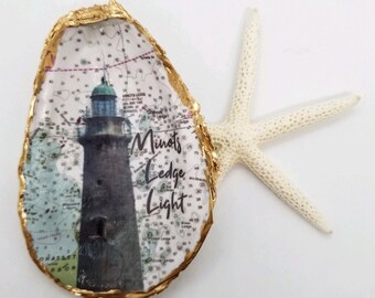 Minots Ledge Light - 143 - Scituate, MA - Lighthouse Oyster Shell - Ring/Trinket Dish - Lighthouse Lovers - Gift Boxed - Beach House Gift