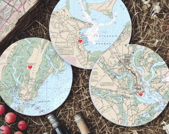 New Item "Chart with a Heart" Ceramic Coaster Custom NOAA Chart/Map, Unique Gifting for Wedding, Anniversary, Engagement, Hostess, Realtor