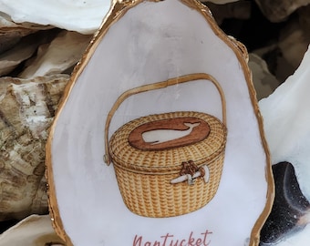 Nantucket Basket,  Cape Cod Oyster Shell, Ring dish or Ornament, ACK , Traditional Nantucket Woven Basket, Classic Whale  Design, Gift Boxed