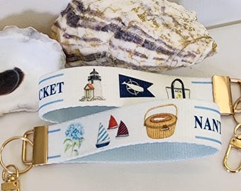Nantucket Wristlet Key Fob, Colorful ACK icons, Brant Point Lighthouse, Daffodil Festival, Rainbow Fleet, Nantucket Basket, Summer Keychain