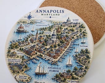 Annapolis Harbor Map Ceramic Coasters, Nautical Decor, Conversation Starter, Cork Bottom, Destination Coasters