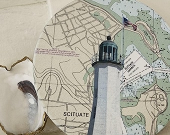 Scituate Lighthouse Ceramic Coaster, Coastal Home Decor, Gift Boxed