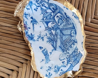 Blue Pagoda Oyster Shell Ring Dish: Gold Gilded Cape Cod Gift
