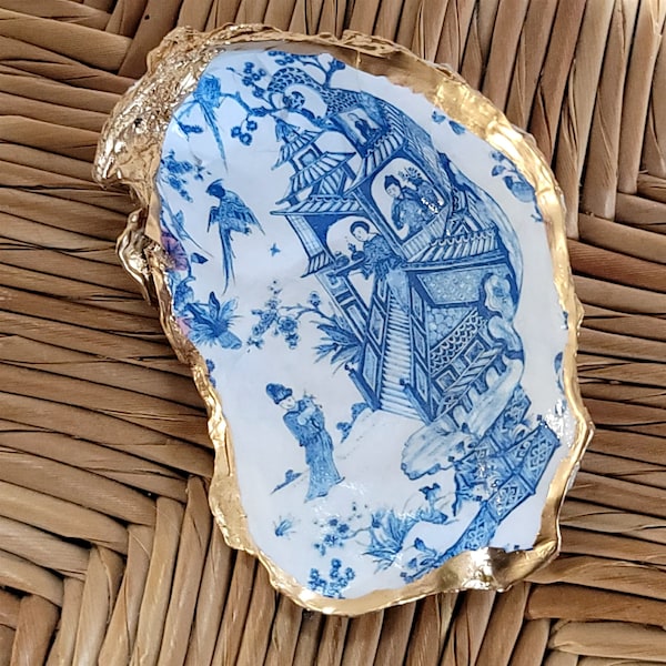 Blue Pagoda Oyster Shell Ring Dish, Something Blue for the Bride, Bridal Party Gift for Bridesmaid, Thoughtful Hostess Gift, Gift Boxed
