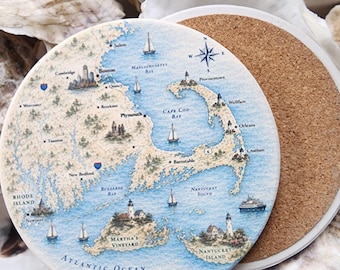 Cape Cod and Islands Map Ceramic 4" Coasters, Destination Coaster Gifts, Nautical Decor, Conversation Starter, Cork Bottom