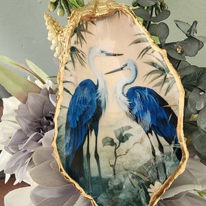 Pair of Great Blue Heron displayed in Cape Cod Oyster Shell,  Wedding Gift, Bridal Party, Lovely Ring/Trinket Dish, Thoughtful Hostess Gift