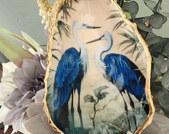 Pair of Great Blue Heron displayed in Cape Cod Oyster Shell,  Wedding Gift, Bridal Party, Lovely Ring/Trinket Dish, Thoughtful Hostess Gift