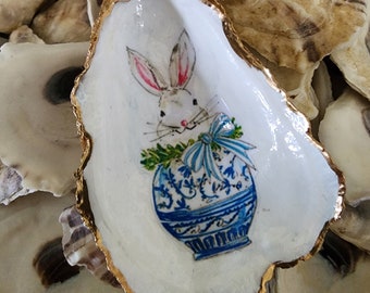 Oyster Bunny Shell Ornament, Bunny in Blue Chinoiserie Vase,  Cape Cod Shells, Wine Bottle Ornament, Hostess Gift, Napkin Ring, Gift Boxed