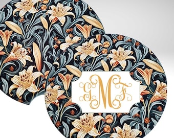 Sandstone Cup Holder Coasters with William Morris Tiger Lily Design, Classy Car Coasters, Monogram Option, Set of 2
