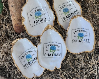 Entering MA Sign with Blue Hydrangea Bloom on Oyster Shell, Choose any Town, Great Housewarming/Hostess Gifts, Ornament Option, Gift Boxed