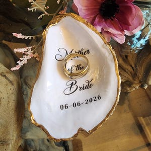 Personalized Mother of Bride Keepsake, Cape Cod Oyster Shell Ring Dish, attractively Boxed, Wedding Day Gifts