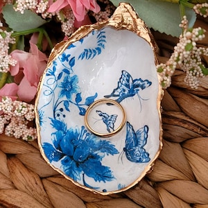 Something Blue Butterfly Oyster Shell Ring/Trinket Dish - Gift for the Bride - Bridal Party Gift - Hostess Gift -Ornament Loop Option -