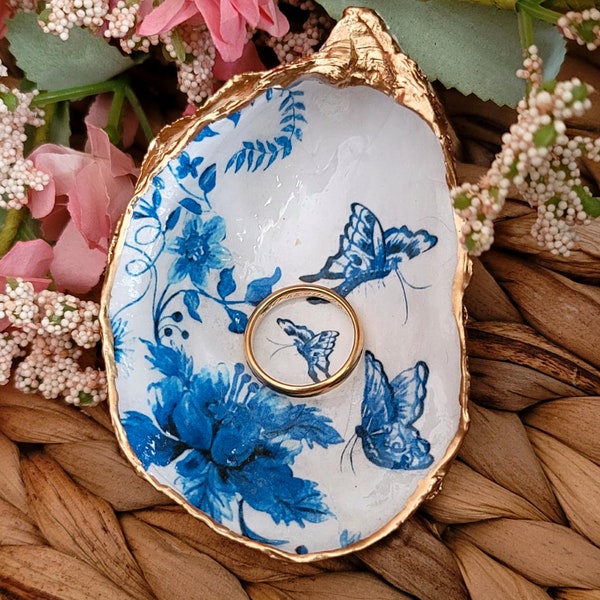 Something Blue Butterfly Oyster Shell Ring/Trinket Dish - Gift for the Bride - Bridal Party Gift - Hostess Gift -Ornament Loop Option -