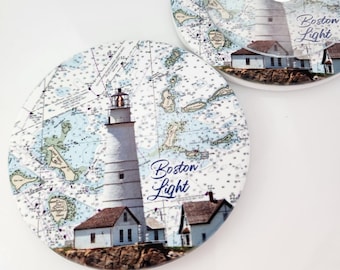 Coaster Boston Light, 4" Round Ceramic, Lighthouse Lovers, Protect Furniture, Cork Bottom, Gift Boxed