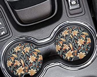 Car Coasters display William Morris Tiger Lily design, Sandstone Cup Holder Coasters, Monogrammed, Set of 2, Gift for New Car Owner