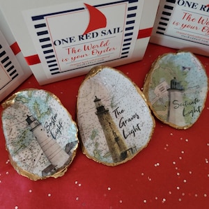 US Lighthouse display in Cape Cod Oyster Shell,  Lighthouse with NOAA Chart in Background, Gift Box,  Ornament Option, Gift Lighthouse Lover