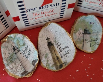 Choose your FAVORITE USA Lighthouse on a Oyster Shell - NOAA Chart in Background, Gift Boxed, Available as Shell Ornament, Super unique gift