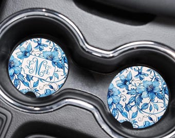 William Morris Cup Holder Coasters Blue Floral, Absorbent Sandstone, Set of 2,  w/Monogram or Plain, Something Blue Bride, Bridal Party Gift