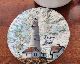 Boston Light NOAA Chart Ceramic Coasters, Nautical Decor, Lighthouse Lovers, Cork Bottom, Absorbent Destination Boston Harbor Gift Set