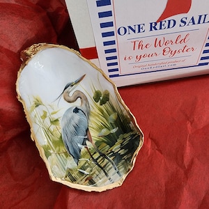 Elegant Great Blue Heron displayed in Cape Cod Oyster Shell,  Wedding Gift, Bridal Party, Lovely Gift for Mom, Great Hostess Gift, Gift Box
