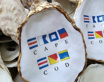 Cape Cod Oyster shell, Ring/Trinket Dish, Nautical Flags spell CAPE COD, Coastal Decor Ring or Trinket Dish, Cape Cod Vacation