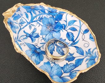 William Morris Blue Floral Blooms in Cape Cod Oyster Shell, Bridal, Bridesmaids, Hostess, Something Blue for Bride, Bachelorette Keepsake
