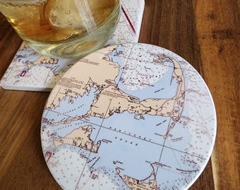 Cape Cod and the Islands NOAA Chart Ceramic Coasters, Nautical Decor, Beach House Gift, Cork Bottom, Coastal Decor, Handcrafted OneRedSail