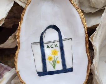 Nantucket/ACK Classic Beach Tote,  Cape Cod Oyster Shell, ACK Lover, Traditional Yellow Daffodils,  Ring Dish / Ornament, Arrives Gift Boxed