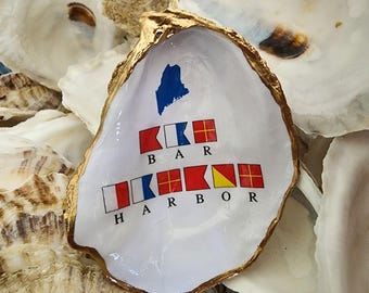 BAR HARBOR Maine in nautical flags, Cape Cod Bay Oyster Shells, Maine Vacation, Ornament Option, Coastal Maine,  Mt Desert Island