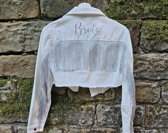 Bride Tassle Denim Jacket, Bridal Cropped Fringe Denim Jacket, Mrs Hen Party Jacket, Wedding Day Jacket, Engagement shoot Outfit, White