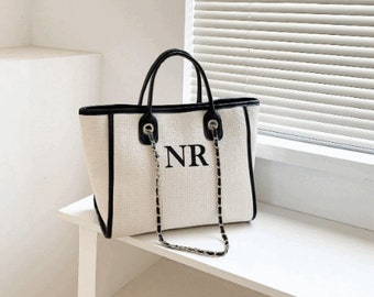 Personalised Monogram Shoulder Bag,  womens luxury bag, Double handle chain strap Cream and Black bag Faux Leather