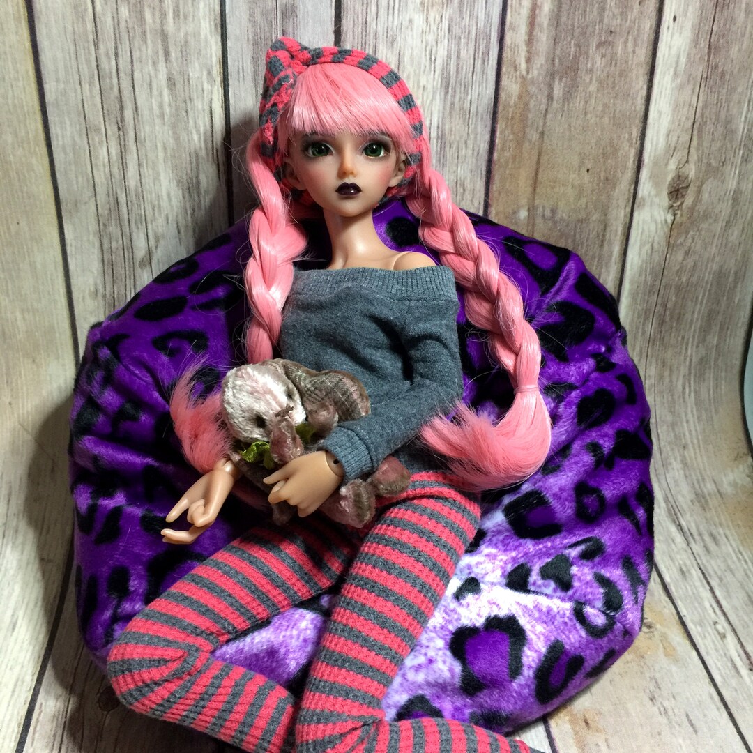 Doll Bean Bag Chair, 1/4 Scale Doll Furniture, Purple Leopard Mini
