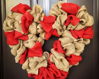 Valentine's Day Wreath - Heart shaped wreath, Heart wreath, Red burlap Wreath, Burlap Wreath, Red heart shaped wreath, Valentines wreath