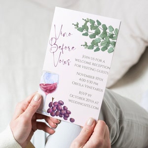 Vino Before Vows: Invitación elegante a la recepción de bienvenida de boda con tema de vino, uva y eucalipto *Descarga instantánea*