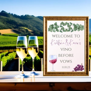 Vino Before Vows: Elegante cartel de bienvenida de recepción de boda con tema de vino y uva *Descarga instantánea*