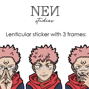 May include: Lenticular sticker with three frames of a cartoon character with pink hair. The character is wearing a red and blue hooded jacket. The character has a different expression in each frame.