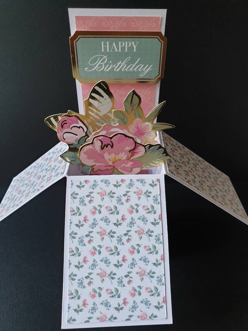 Happy Birthday with gold trim flowers pop-up card