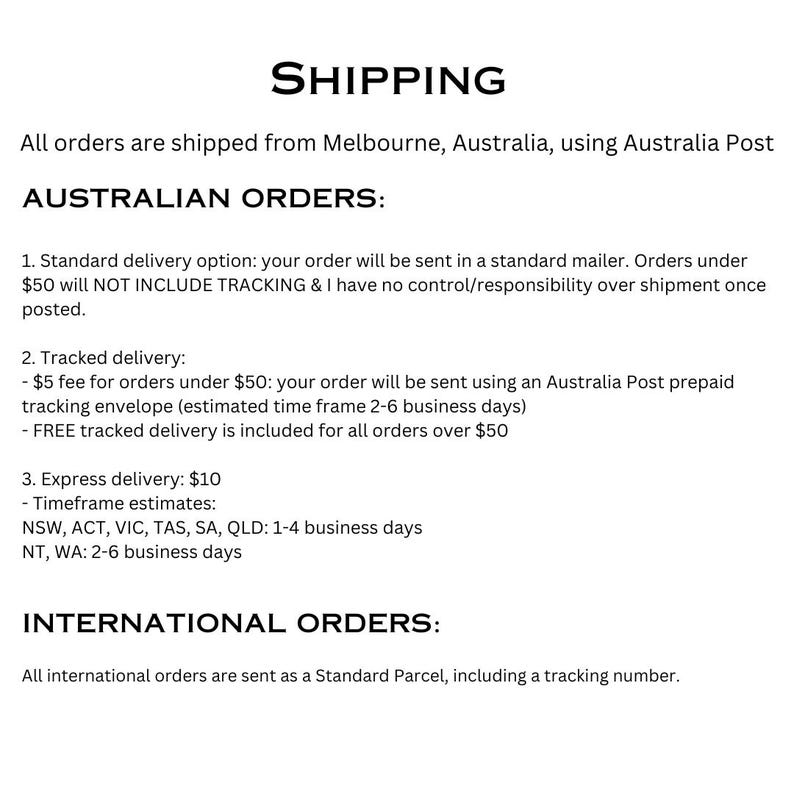 May include: White background with the word "SHIPPING" in bold black text. Below, text details shipping information, including Australian and international order specifics, and delivery options.
