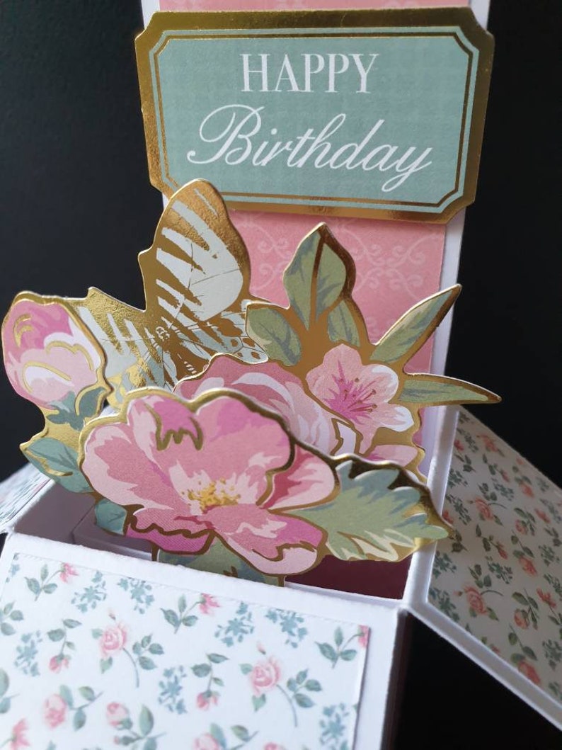 Happy Birthday with gold trim flowers pop-up card