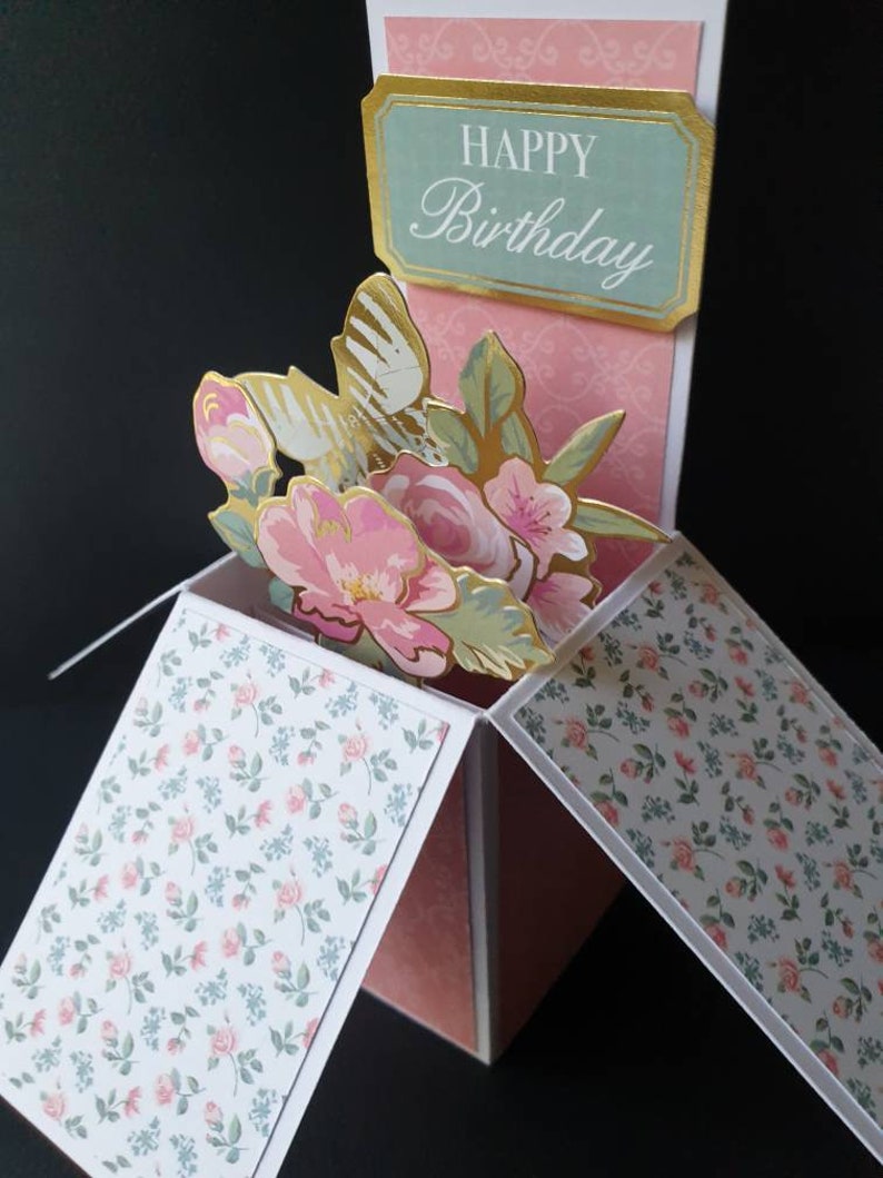 Happy Birthday with gold trim flowers pop-up card