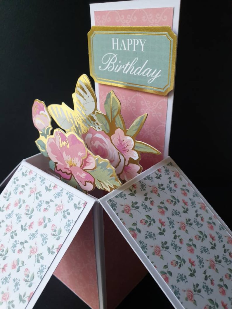 Happy Birthday with gold trim flowers pop-up card