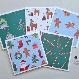 Set van 5 vierkante kerstkaarten | Handgemaakt | Vrolijk kerstfeest | Kerstman | Feestelijke wensen | Leuke kaarten | Gestempelde afbeelding