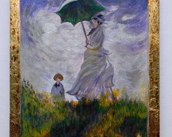 左向きの日傘をさす女性 - クロード・モネの手描きの油絵の複製、日光