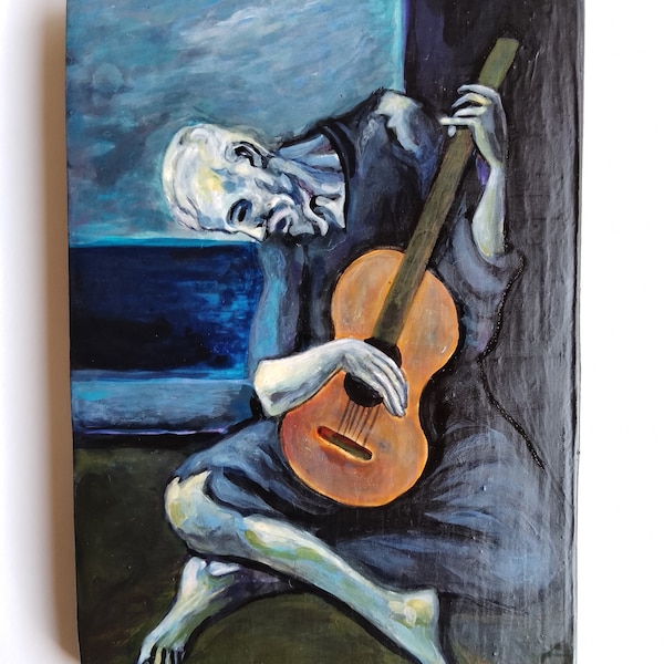d'après P. Picasso - Le vieux guitariste aveugle, copie peinte à la main