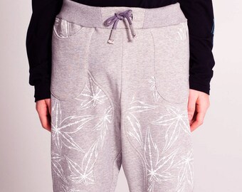 Skeleton Leaf Trackies – Grey Cotton Printed Leaves Casual Festival Pants Weekendwear Unisex Baggy Relaxed Fit