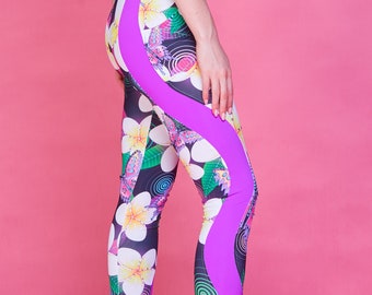 Frangipani Wave Leggings, leisure pants, festival leggings, tropical leggings, flower leggings, rave leggings, embellished leggings